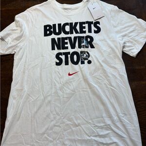 Nike White Tee with Black Text and Red Logo